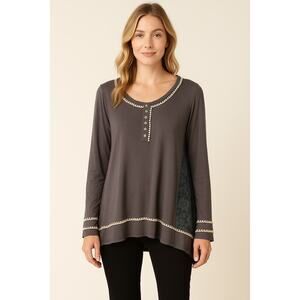 POL Gray Lace Contrast Tunic Top Sz L Crochet Trim Boho Festival Blouse Feminine